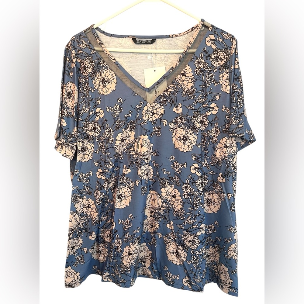 Flowing Floral Top with Flutter Sleeves & Mesh Detail